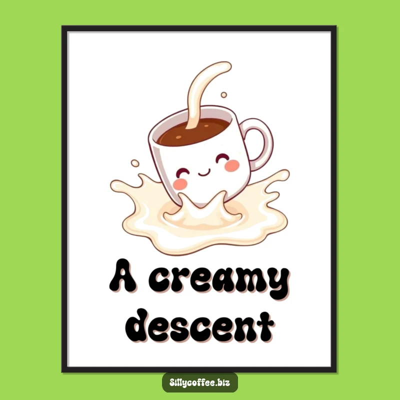 Milk Splash Mug Poster: Funny Kawaii Sliding Art Print, Whimsical Decor Gift