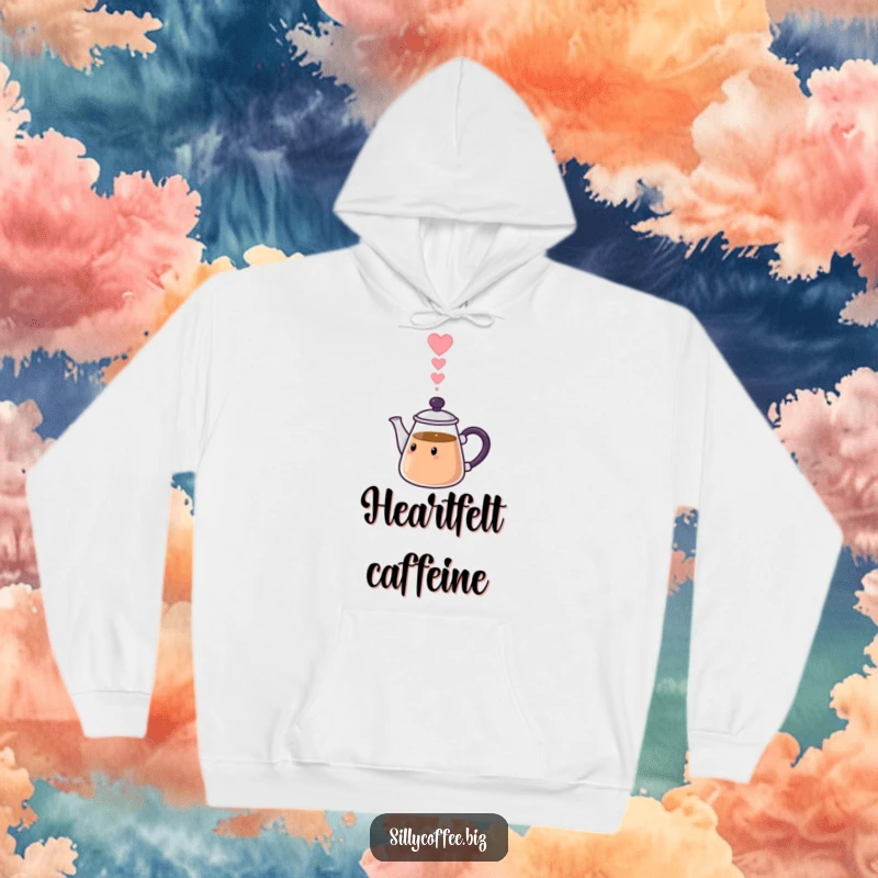 Funny Hoodie: A kawaii coffee pot character pouring a continuous stream of heart-shaped steam, symbolizing affection.
