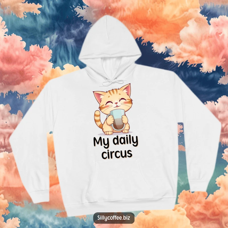 Funny hoodie with a kawaii cat concentrating hard, balancing a coffee mug on its nose, providing a warm and humorous vibe.
