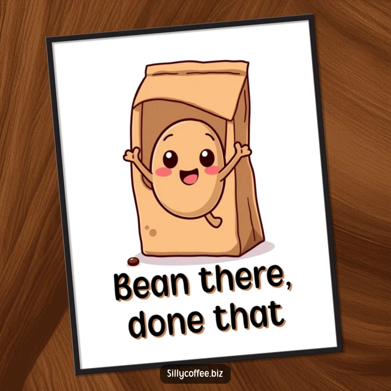 Funny Free Printable Wall Art: A kawaii coffee bean excitedly jumping out of a bag, humorous downloadable decor.