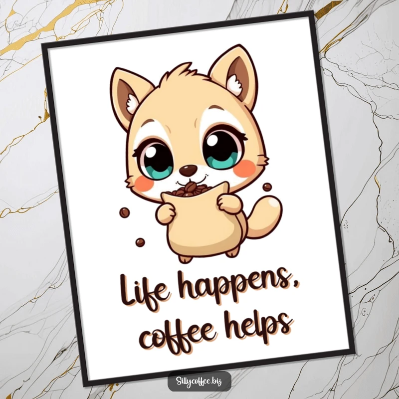 Funny Free Printable Wall Art of an animal character with wide, energetic eyes, shaking a bag of coffee beans, symbolizing pure energy.