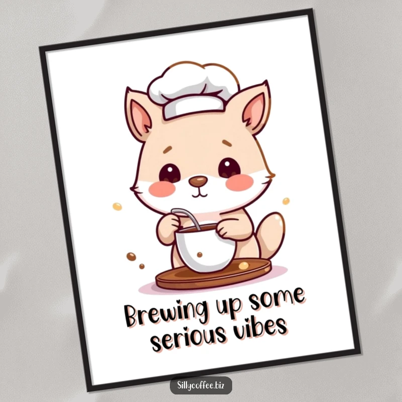 Funny free printable wall art: A charming animal in a chef hat, playfully stirring a cup of coffee, adding kitchen charm.