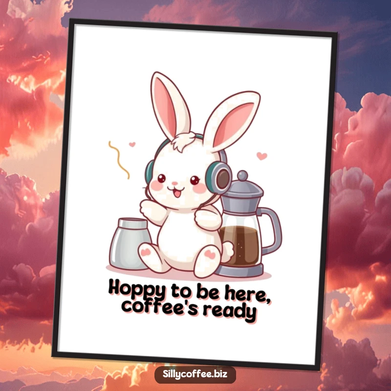 Funny Free Printable Wall Art: Kawaii bunny DJ wearing headphones, grooving near a coffee pot, vibrant and cheerful.