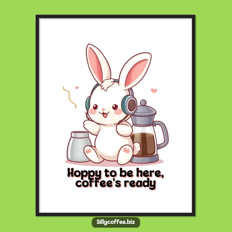 Funny Free Printable Wall Art: Kawaii Bunny DJ, Groovy Downloadable Decor for Coffee Lovers