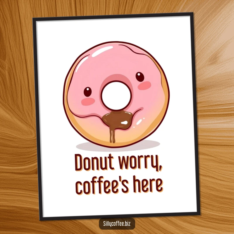 Funny Free Printable Wall Art: A cheerful kawaii donut character with sprinkles, playfully dribbling coffee from its hole onto a small surface.