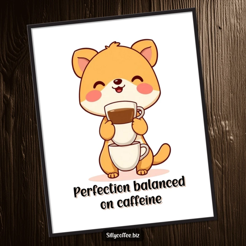 Funny free printable wall art: A comical animal expertly balancing a towering stack of coffee cups, adding quirk to any wall.