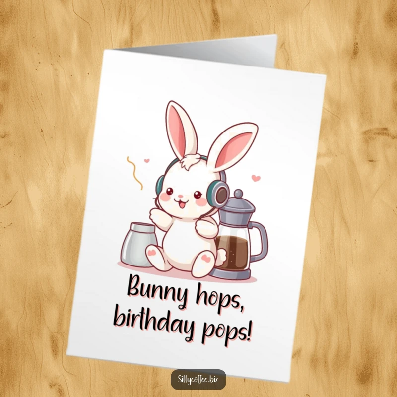 Funny Free Printable Birthday Card: Kawaii bunny DJ with headphones, dancing near coffee, radiating pure musical joy.