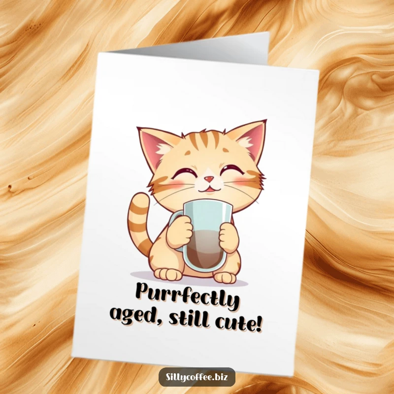 Funny Free Printable Birthday Card: Kawaii cat focused, balancing a coffee mug on its nose, a moment of pure silliness.