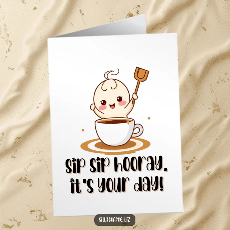 Funny Free Printable Birthday Card: A cute coffee stirrer joyfully dancing in a coffee pool, spreading birthday cheer.