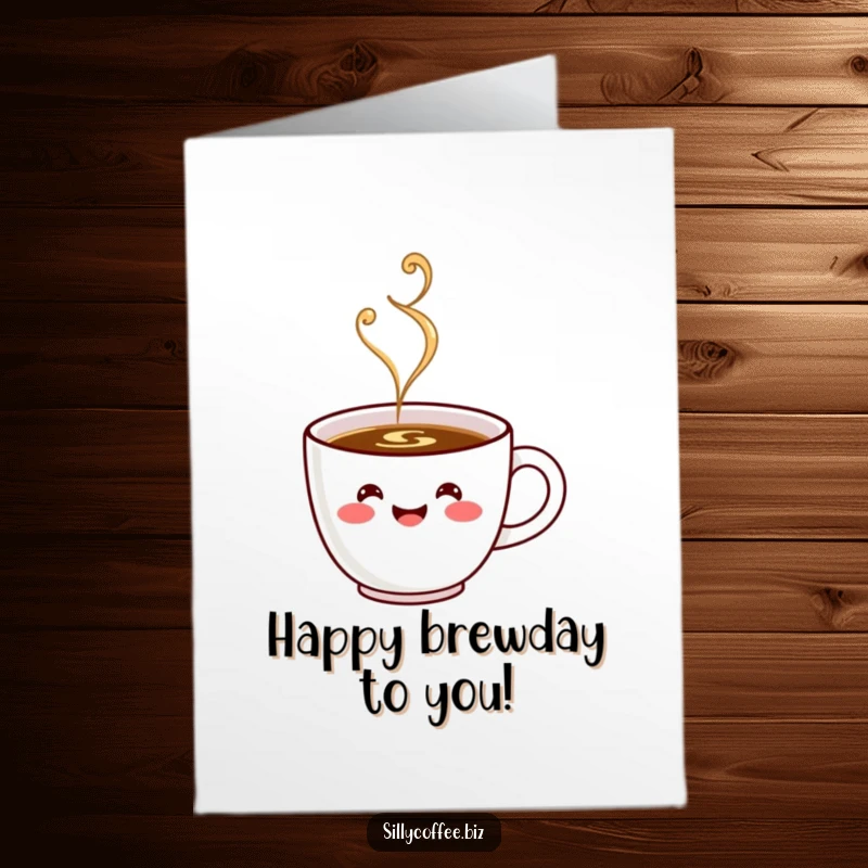 Funny Free Printable Birthday Card: Kawaii coffee cup smiling and steaming happily, a delightful downloadable greeting.