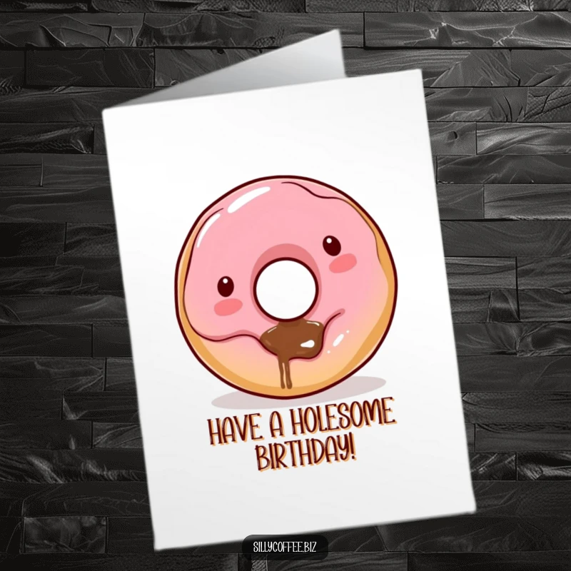 Funny Free Printable Birthday Card: Kawaii donut character with sprinkles, playfully dribbling coffee from its hole, looking delighted and messy.