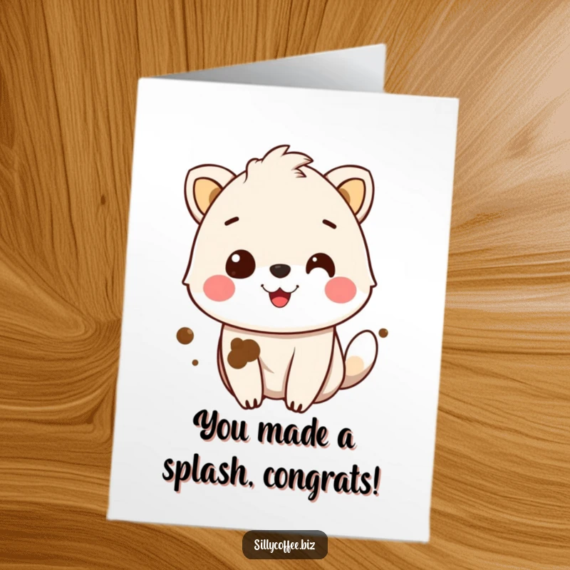 Funny free printable congratulations card: A cheerful animal proudly displays a coffee stain on its fur while smiling brightly.