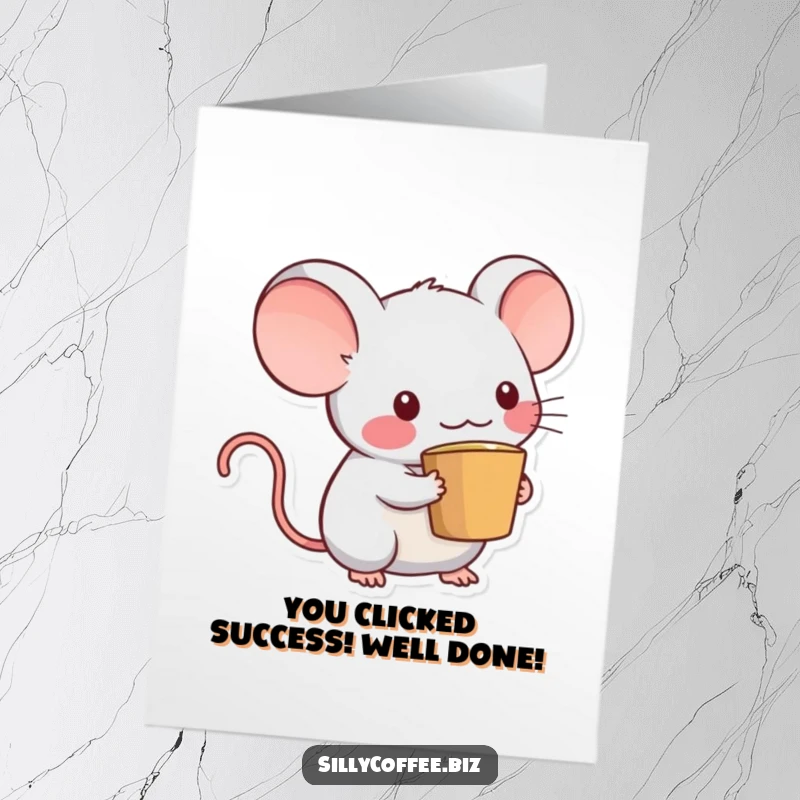 Funny Free Printable Congratulations Card: Kawaii computer mouse with a coffee cup tail, giving a thumbs up, celebrating success with joy.
