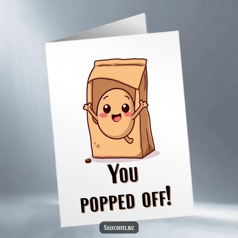 Funny Free Printable Congratulations Card: A kawaii coffee bean joyfully jumping from a bag, a humorous downloadable message.