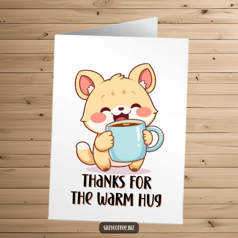 Funny Free Printable Thank You Card with a cute animal character joyfully holding a steaming coffee mug, offering warm thanks.