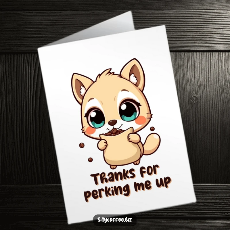 Funny Free Printable Thank You Card featuring an energetic animal character vigorously shaking a coffee bean bag, conveying immense thanks.