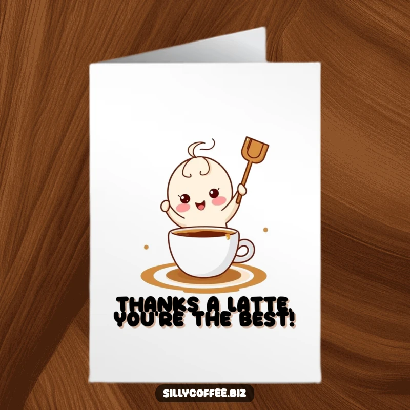 Funny Free Printable Thank You Card: A happy coffee stirrer dances in coffee, expressing sincere thanks.