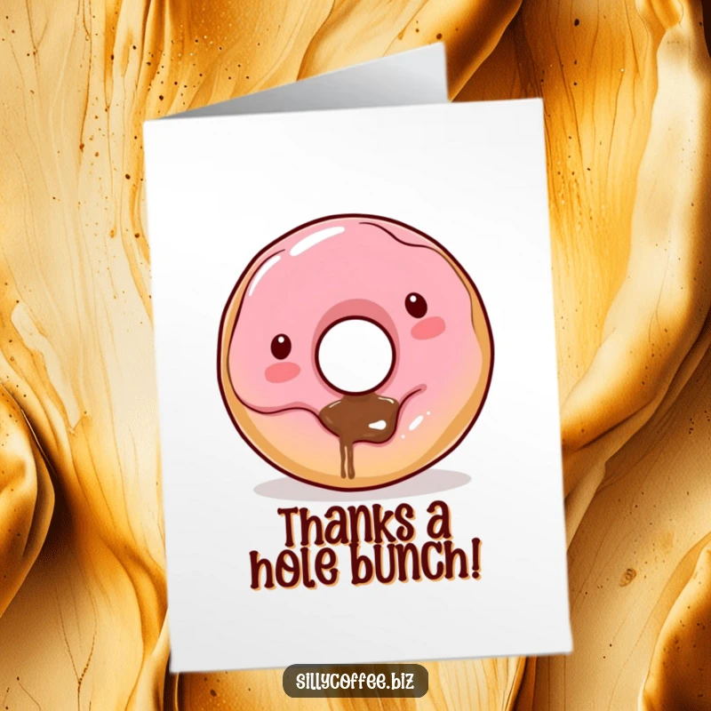 Funny Free Printable Thank You Card: Kawaii donut character with coffee dribbling from its hole, offering a warm, appreciative gesture.