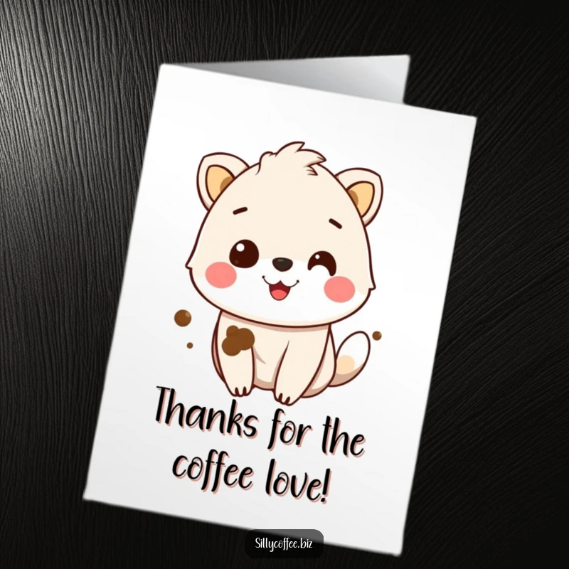 Funny free printable thank you card: A happy-go-lucky animal with a cute coffee stain on its fur, smiling genuinely.