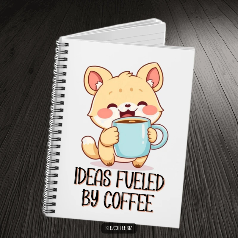 Funny Notebook with a cute animal character excitedly holding a steaming coffee mug, great for notes and doodles, a humorous and cute gift.