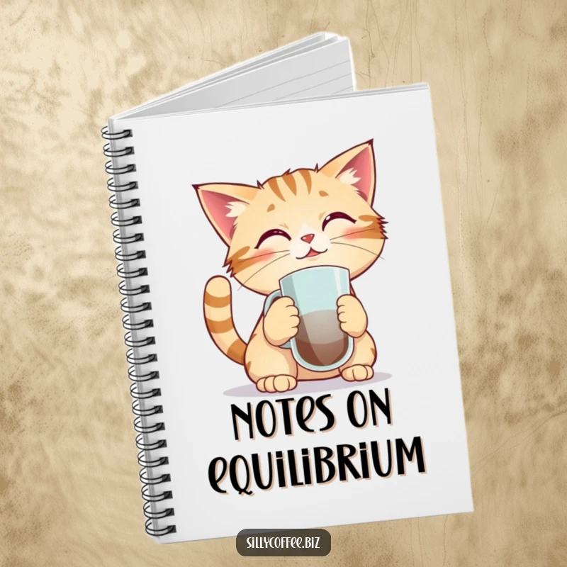 Funny notebook with a kawaii cat concentrating to balance a coffee mug on its nose, inspiring focused note-taking and creative thoughts.