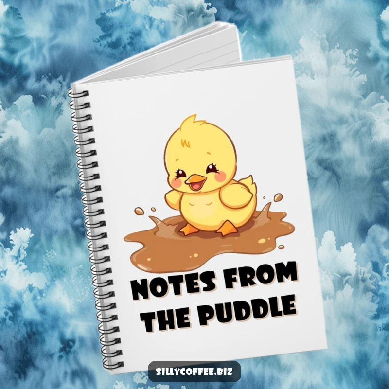 Funny notebook featuring a kawaii duckling splashing in a coffee puddle, inspiring creative writing and playful note-taking.
