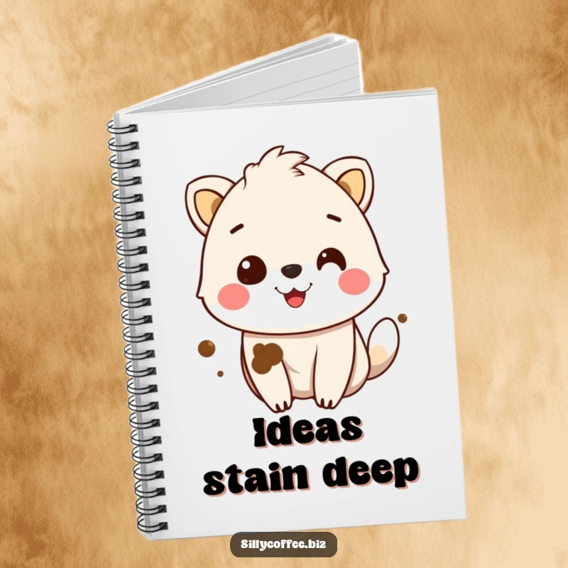 Funny Notebook cover with a smiling animal character sporting a coffee stain, perfect for writing and doodling.