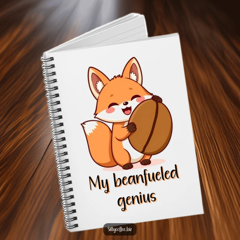 Funny notebook with a cover featuring an excited kawaii fox holding a giant coffee bean, perfect for notes.