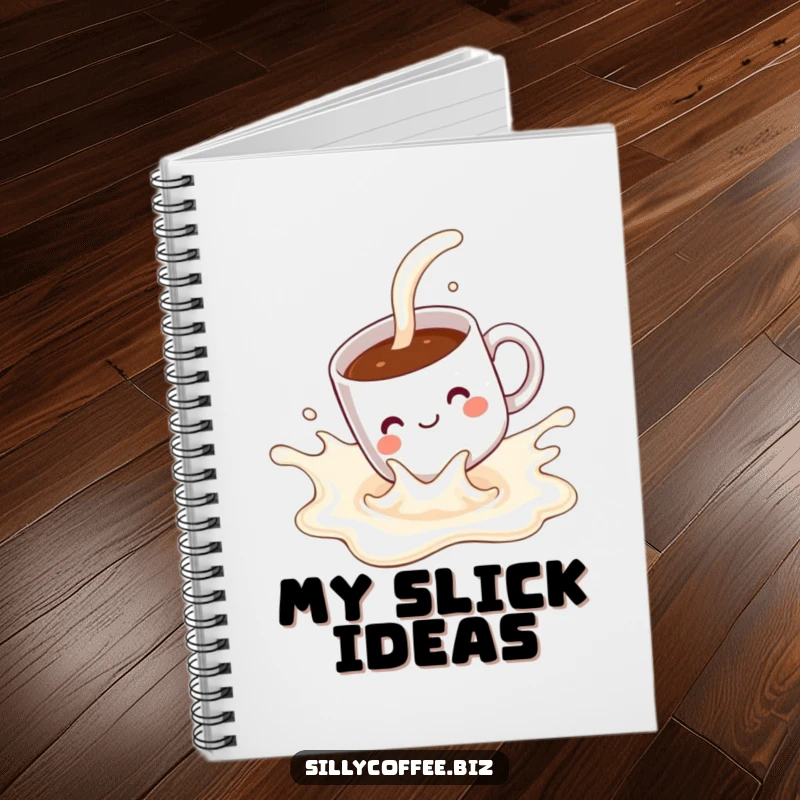 Funny Notebook: A kawaii coffee mug with a happy face, sliding down a milk splash, perfect for notes.