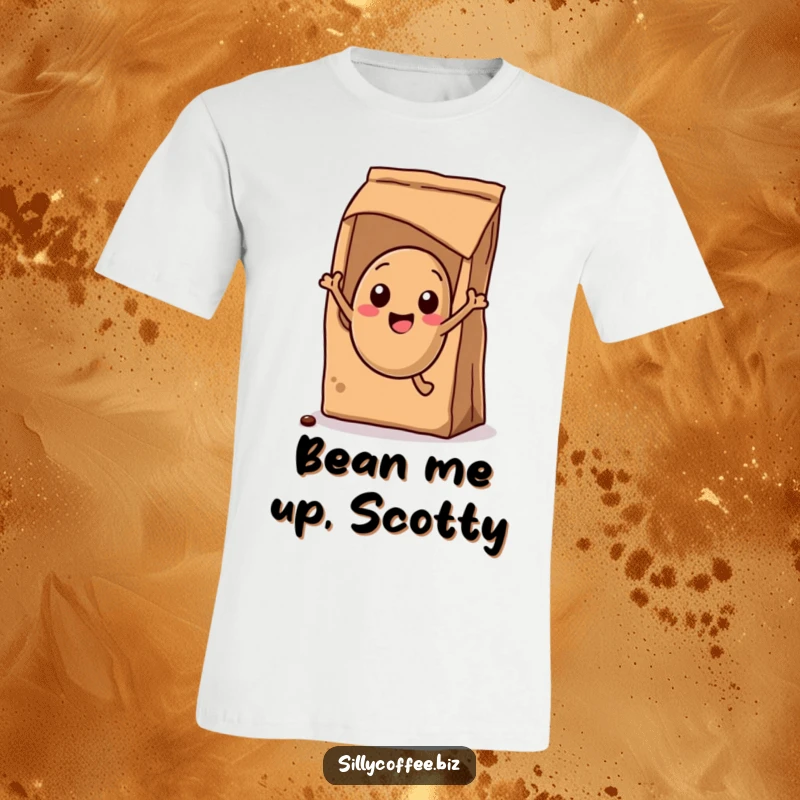 Funny T-Shirt: A cute kawaii coffee bean character excitedly leaping out of a coffee bag with pure joy.
