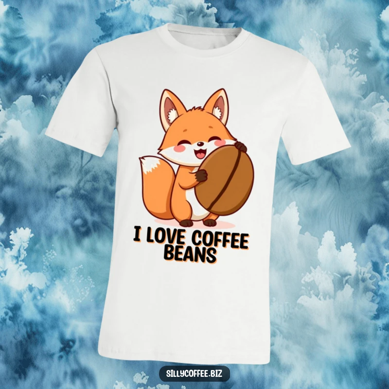 Funny t-shirt depicting an excited kawaii fox proudly holding a giant coffee bean, celebrating coffee culture.
