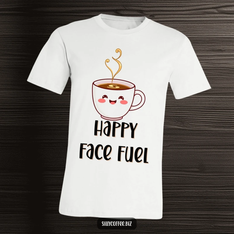 Funny T-Shirt: A cute kawaii coffee cup with a smiling face, steaming with pure joy and happiness.