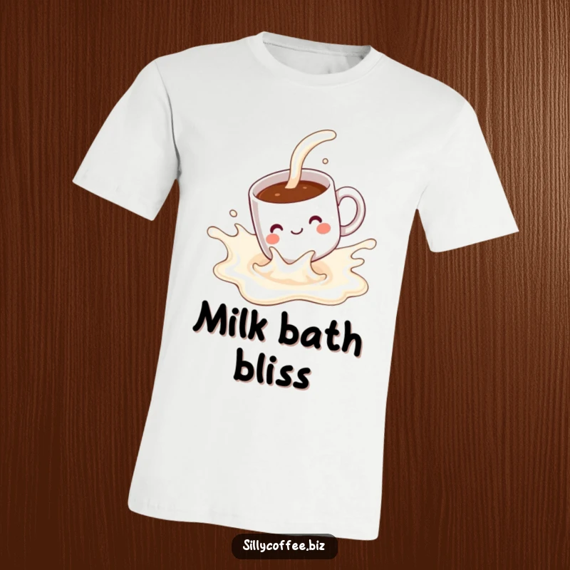 Funny T-Shirt: A cute kawaii coffee mug with a happy face, sliding playfully down a wave of milk.