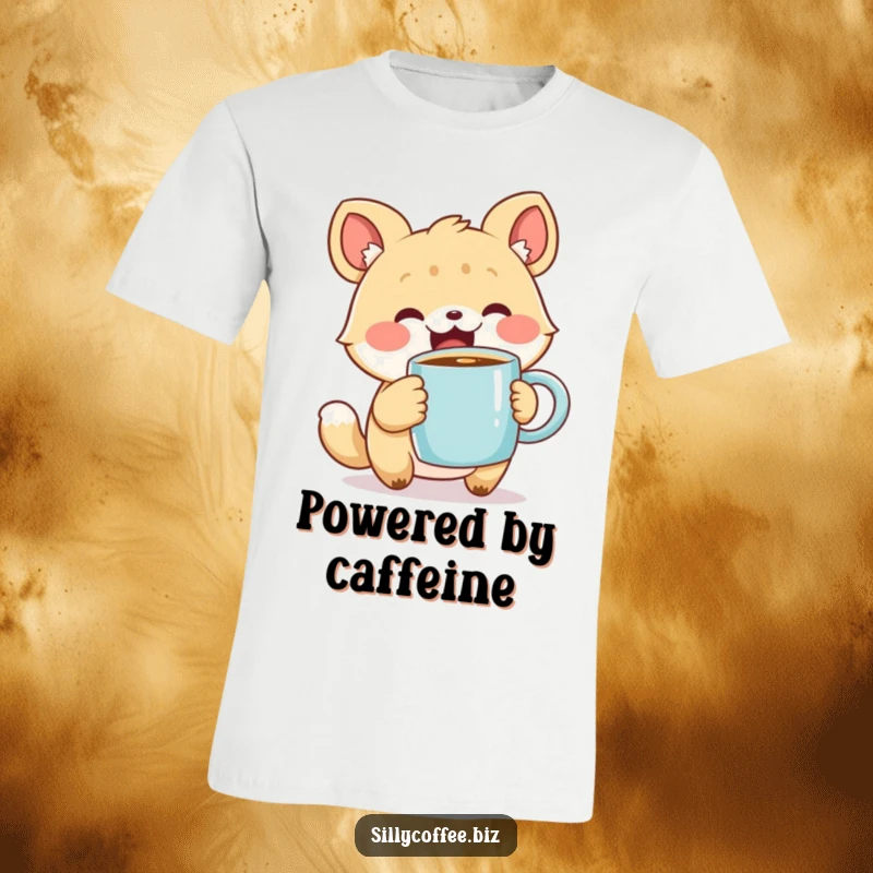 Funny T-Shirt featuring a cute animal character excitedly holding a steaming coffee mug, perfect for coffee lovers and animal fans, a fun gift.