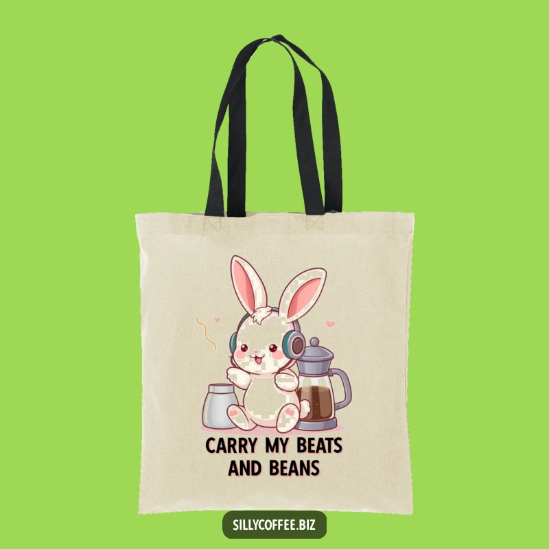 Funny Kawaii Bunny Tote Bag - Groovy Music & Coffee Lover Carryall