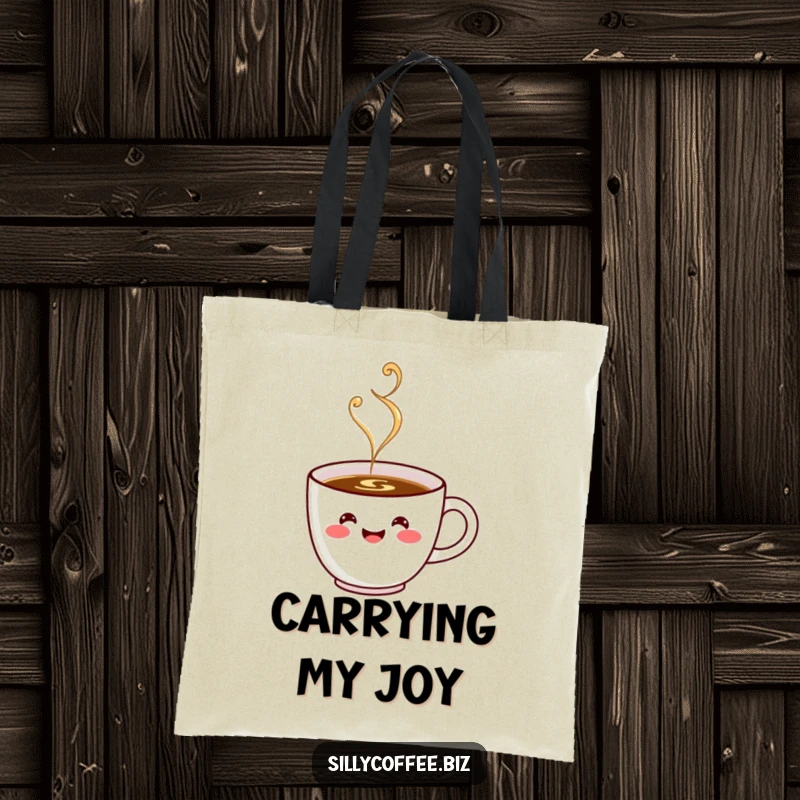 Funny Tote Bag: A charming kawaii coffee cup with a big happy smile, steaming cheerfully, ready for errands.