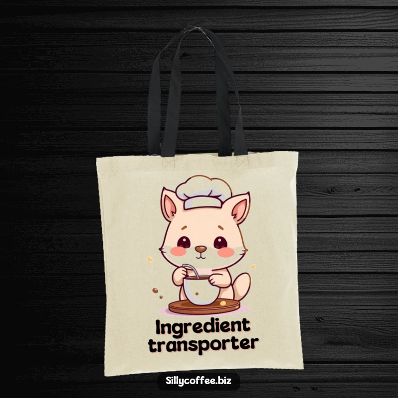 Funny Tote Bag showcasing a small animal chef in a hat, playfully stirring a cup of coffee with a whisk.