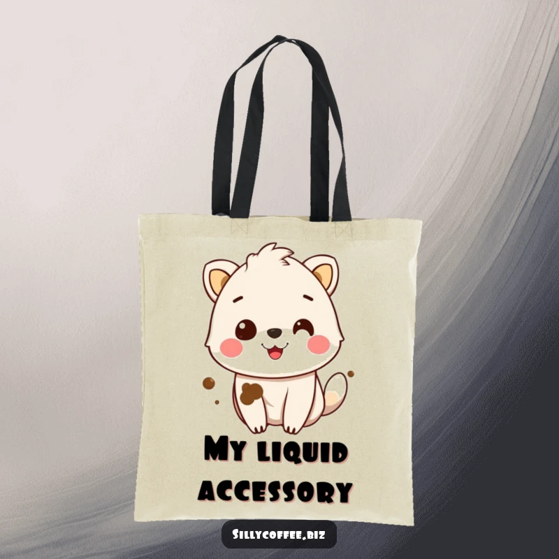 Funny Tote Bag featuring a smiling animal character with a coffee stain on its fur, perfect for coffee enthusiasts.