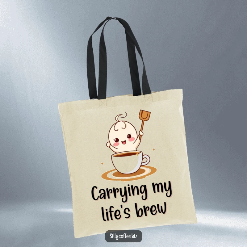 Funny kawaii coffee stirrer performing a lively dance in a coffee pool, printed on a durable and stylish tote bag.
