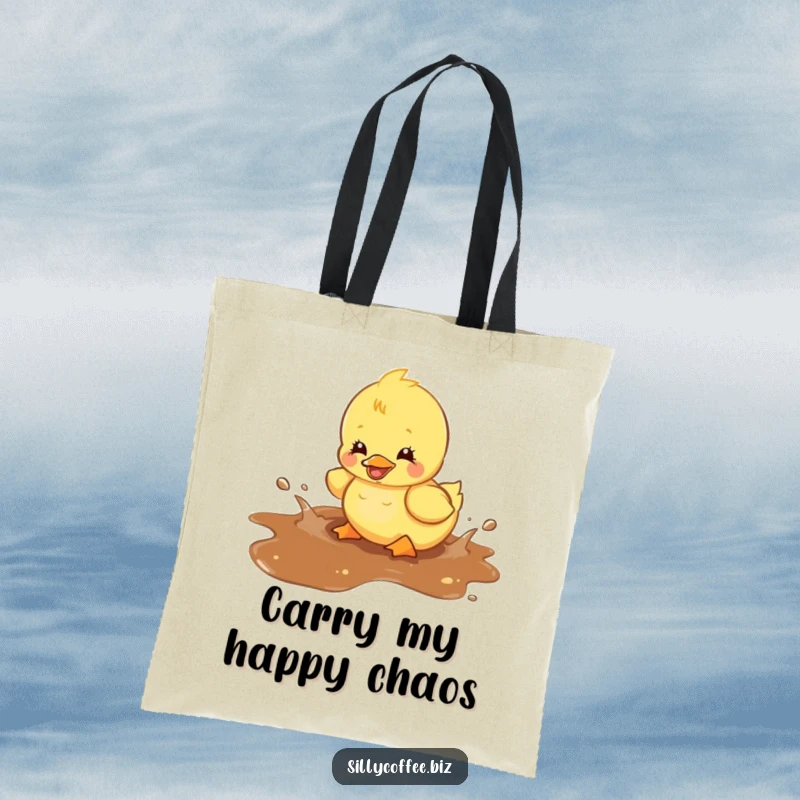 Funny tote bag featuring a kawaii duckling splashing happily in a spilled coffee puddle, ideal for carrying goods with a cheerful vibe.