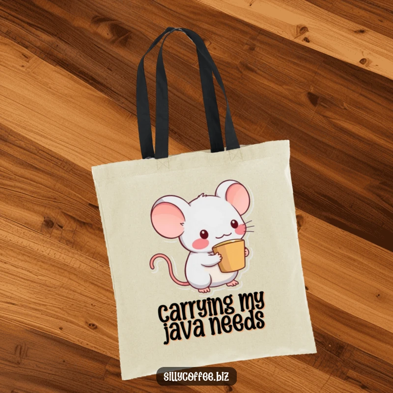 Funny Kawaii computer mouse character with a coffee cup tail carrying groceries, a durable and humorous tote bag.