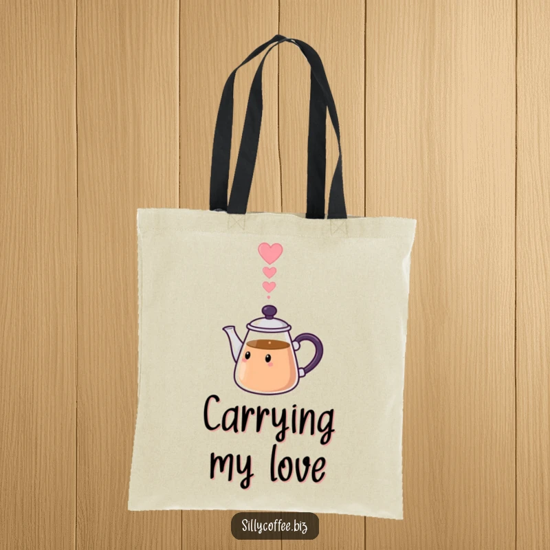 Funny Tote Bag: A cute kawaii coffee pot pouring out steam in the shape of hearts, full of love.