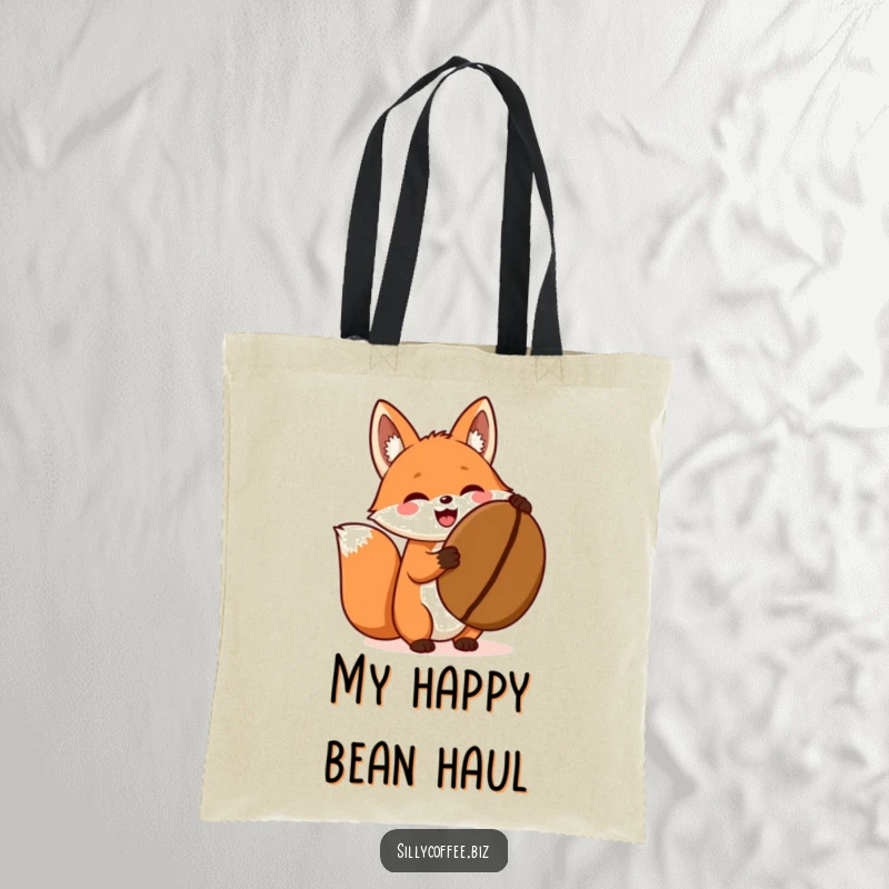 Funny tote bag displaying an excited kawaii fox proudly holding a giant coffee bean, perfect for coffee lovers.